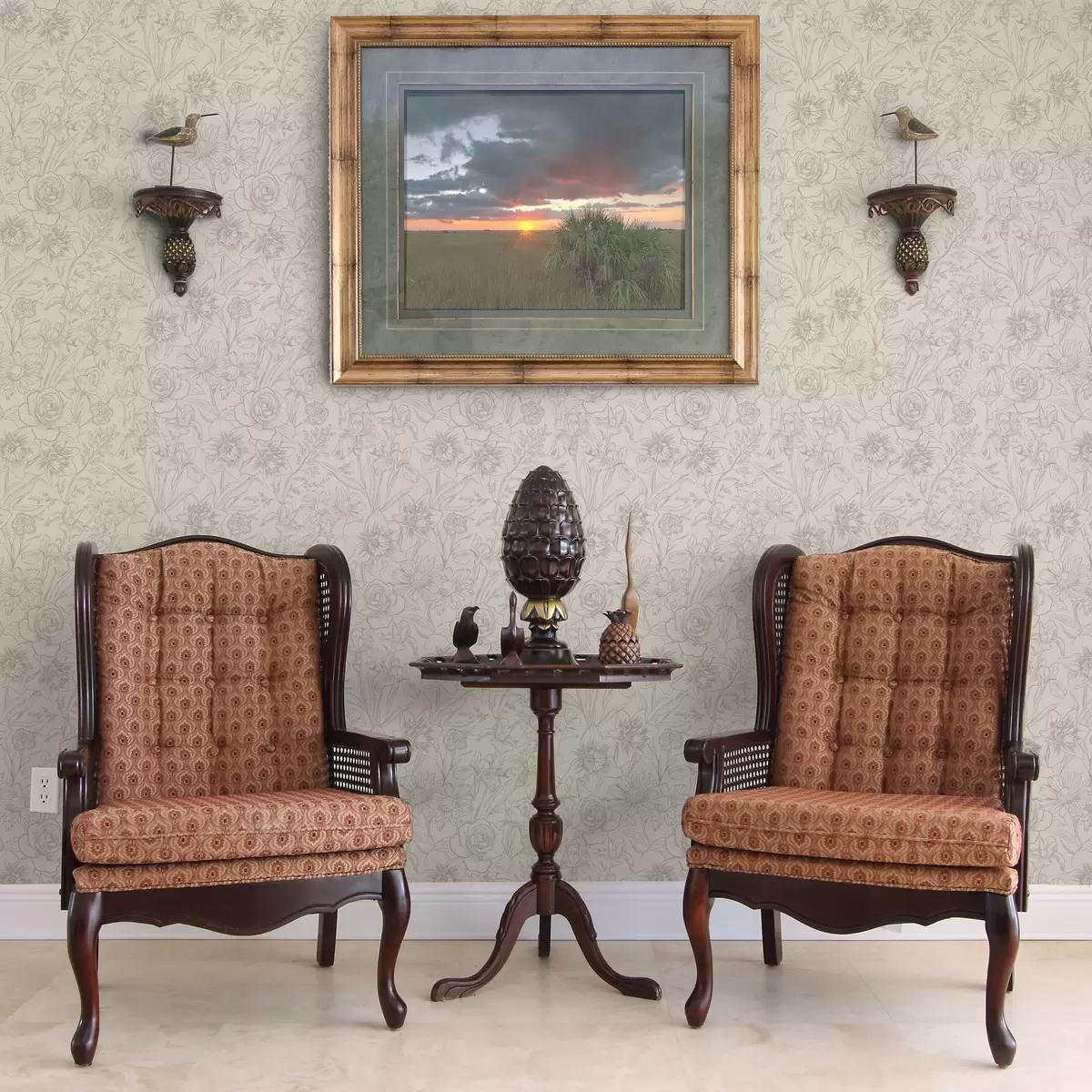 Papel de parede Flores de contorno em um fundo creme, padrão floral delicado a00218