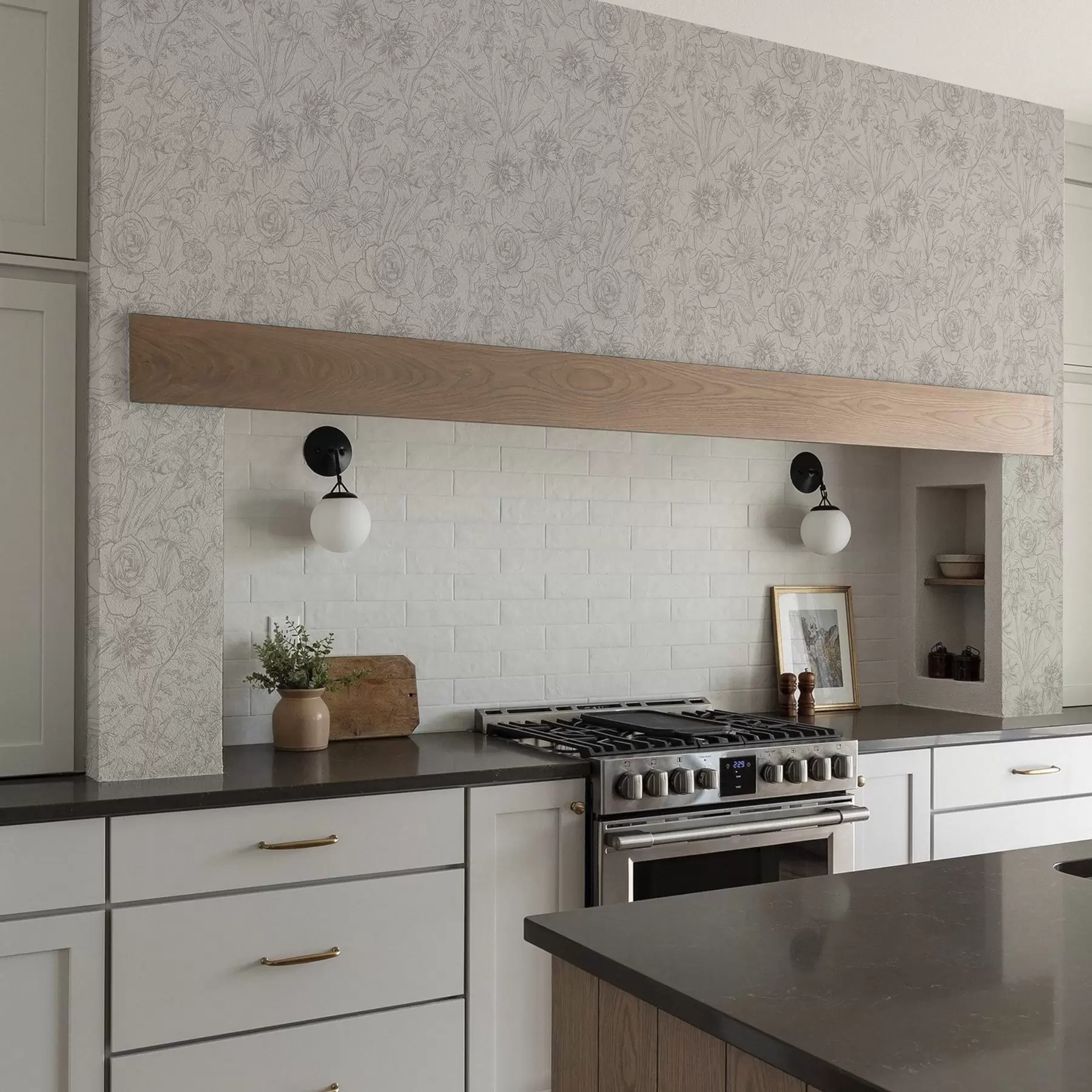 murais de parede Flores de contorno em um fundo creme, padrão floral delicado a00218