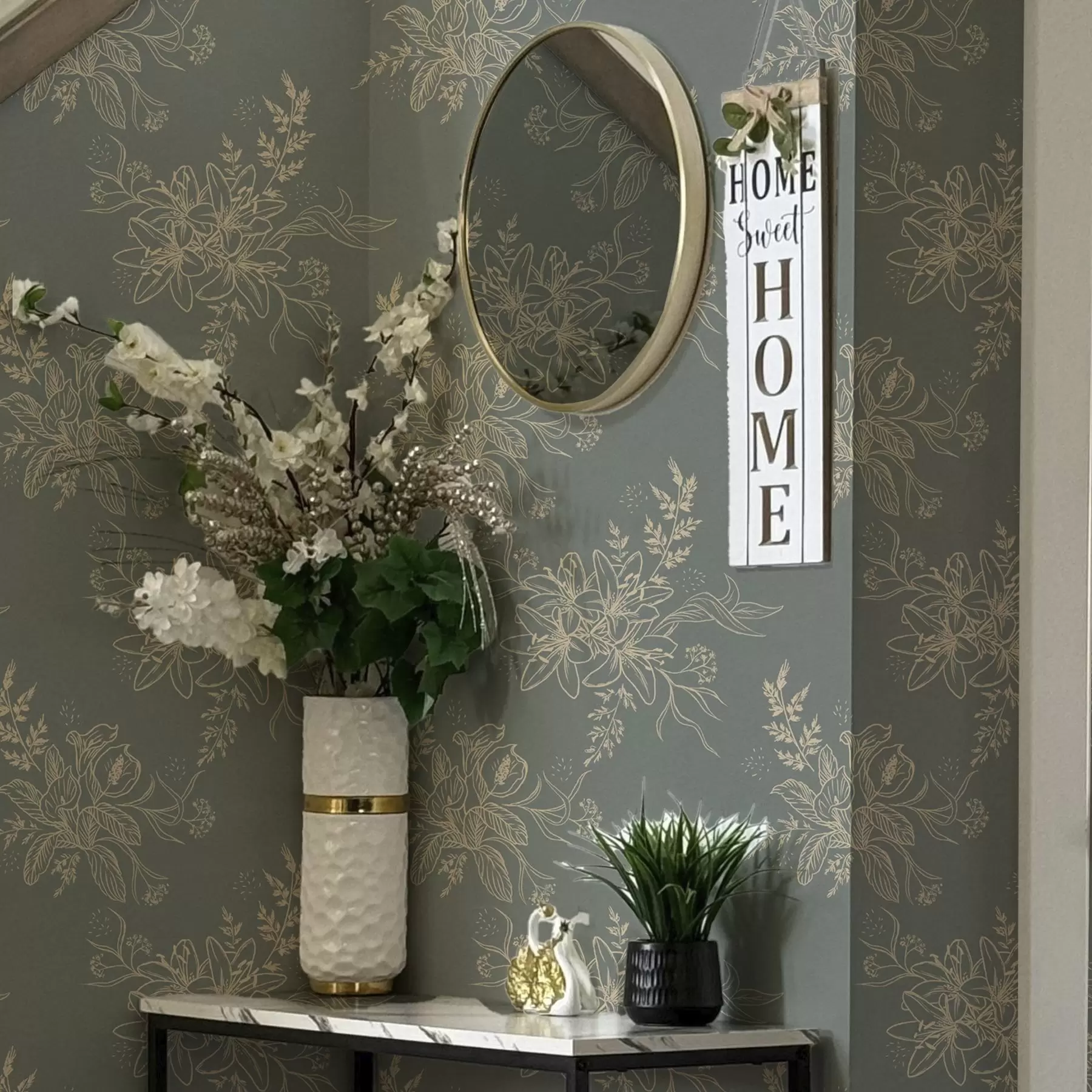 murais de parede Flores de contorno em um fundo cinza-azulado, um elegante padrão botânico a00226