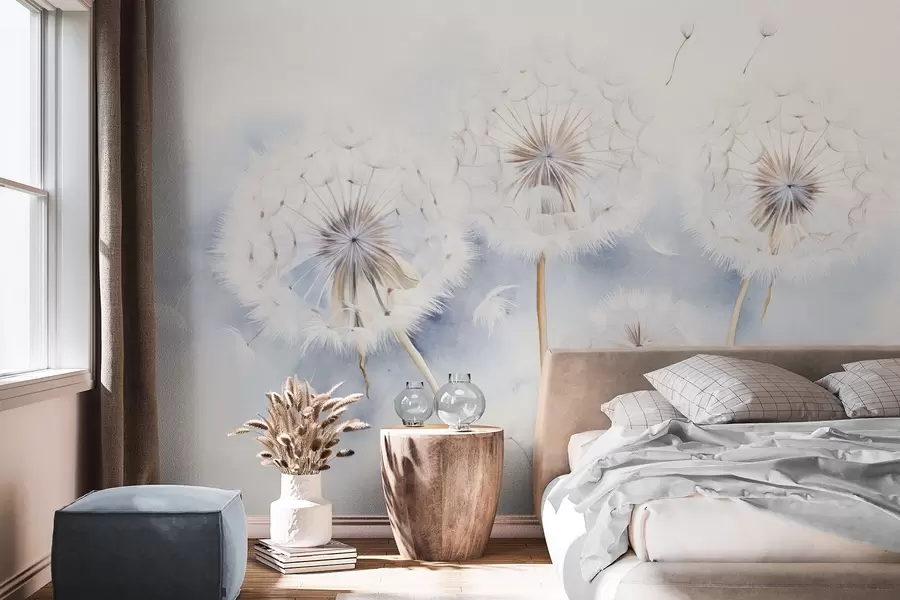 murais de parede Dentes-de-leão texturizados com sementes flutuando no ar, fundo azul claro e branco, estilo de desenho suave e delicado w09190
