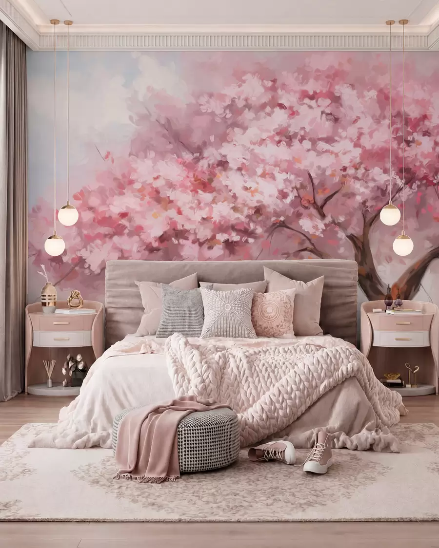 murais de parede Árvore abstrata de flor rosa em plena floração, próxima a um rio, com pinceladas de textura suave e cores pastéis w09193
