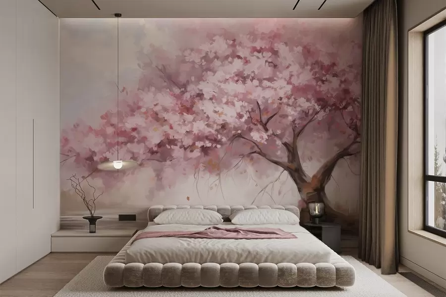 murais de parede Árvore abstrata de flor rosa em plena floração, próxima a um rio, com pinceladas de textura suave e cores pastéis w09193