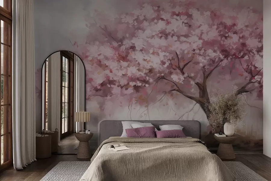 murais de parede Árvore abstrata de flor rosa em plena floração, próxima a um rio, com pinceladas de textura suave e cores pastéis w09193