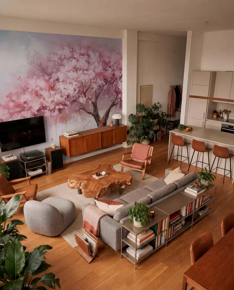 murais de parede Árvore abstrata de flor rosa em plena floração, próxima a um rio, com pinceladas de textura suave e cores pastéis w09193
