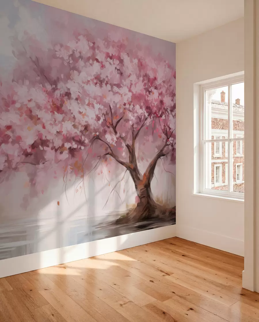 murais de parede Árvore abstrata de flor rosa em plena floração, próxima a um rio, com pinceladas de textura suave e cores pastéis w09193