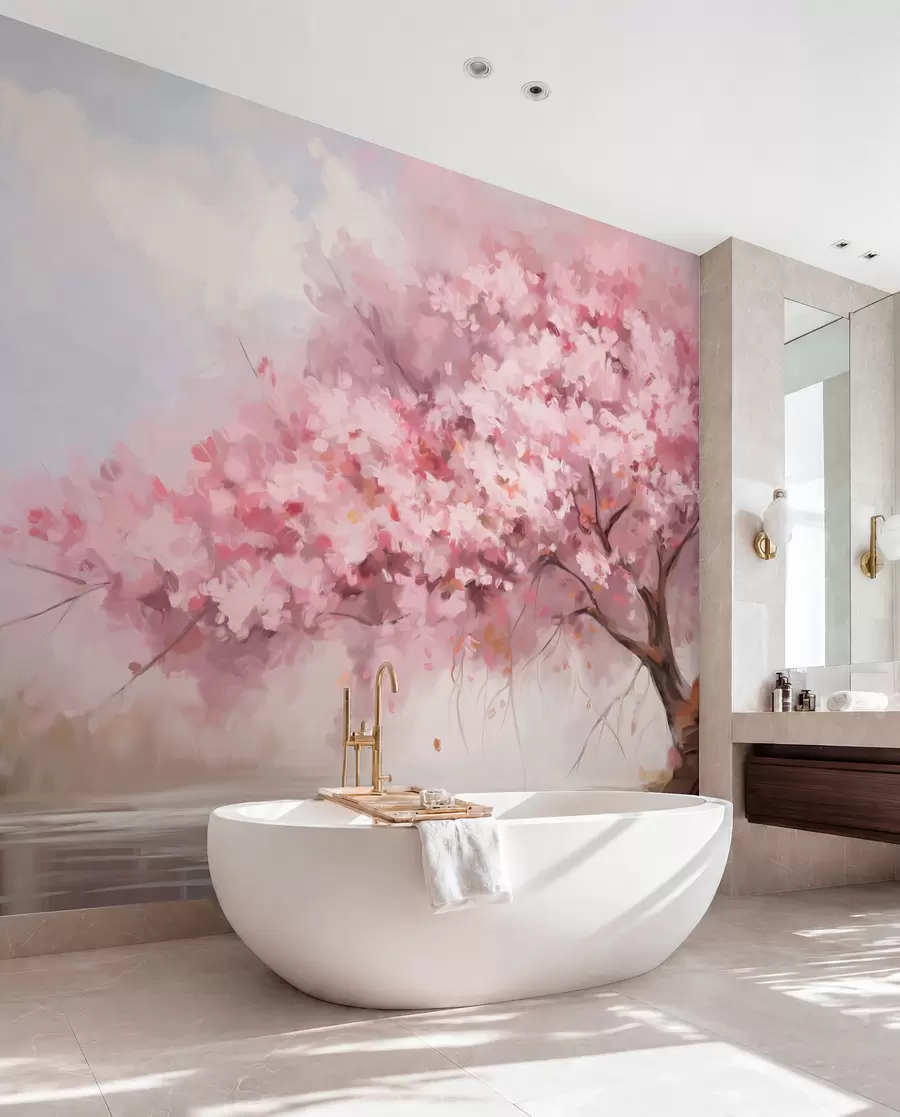 murais de parede Árvore abstrata de flor rosa em plena floração, próxima a um rio, com pinceladas de textura suave e cores pastéis w09193