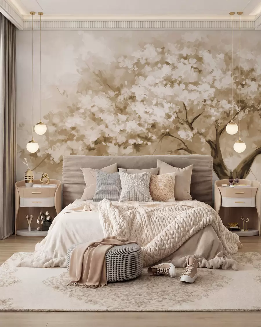 murais de parede Árvore abstrata de flores bege em plena floração, próxima a um rio, com pinceladas de textura suave e cores pastéis w09193v1