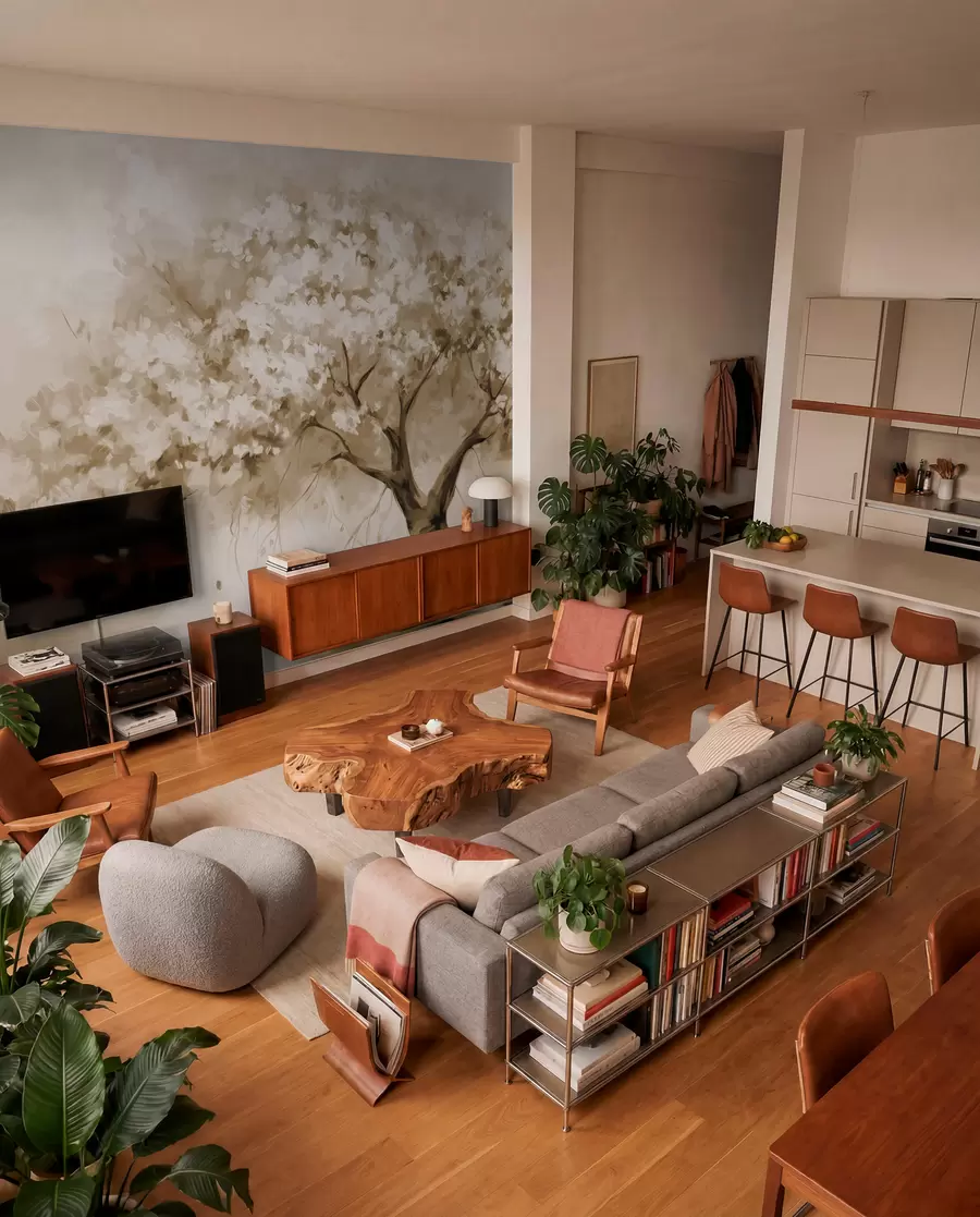murais de parede Árvore abstrata de flores bege em plena floração, próxima a um rio, com pinceladas de textura suave e cores pastéis w09193v1