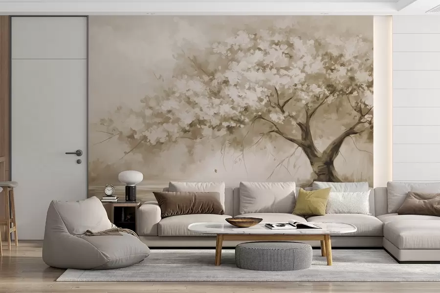 murais de parede Árvore abstrata de flores bege em plena floração, próxima a um rio, com pinceladas de textura suave e cores pastéis w09193v1