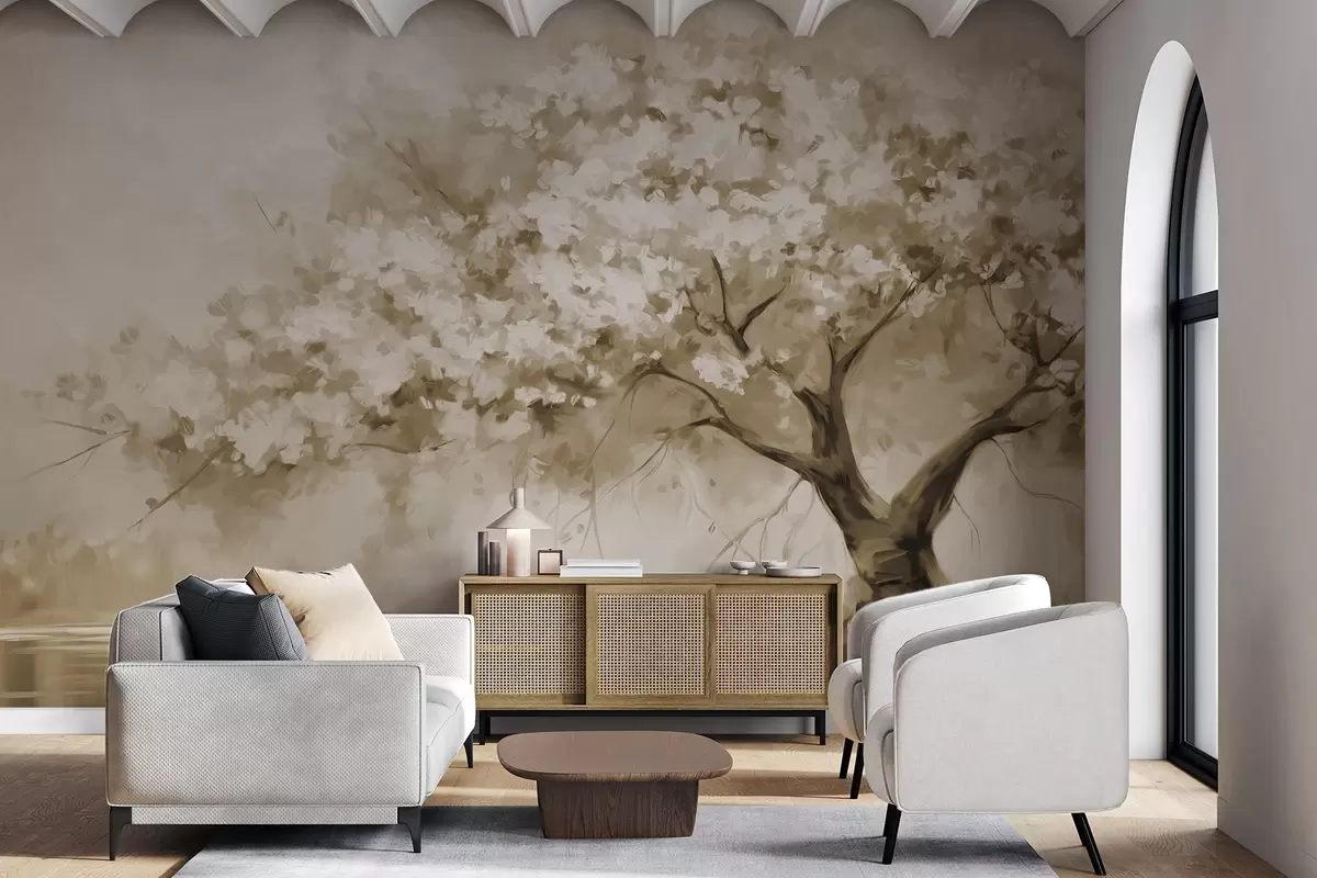 murais de parede Árvore abstrata de flores bege em plena floração, próxima a um rio, com pinceladas de textura suave e cores pastéis w09193v1