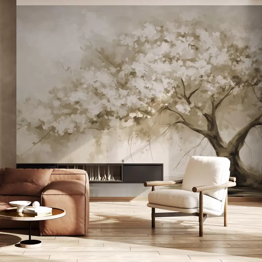 murais de parede Árvore abstrata de flores bege em plena floração, próxima a um rio, com pinceladas de textura suave e cores pastéis w09193v1