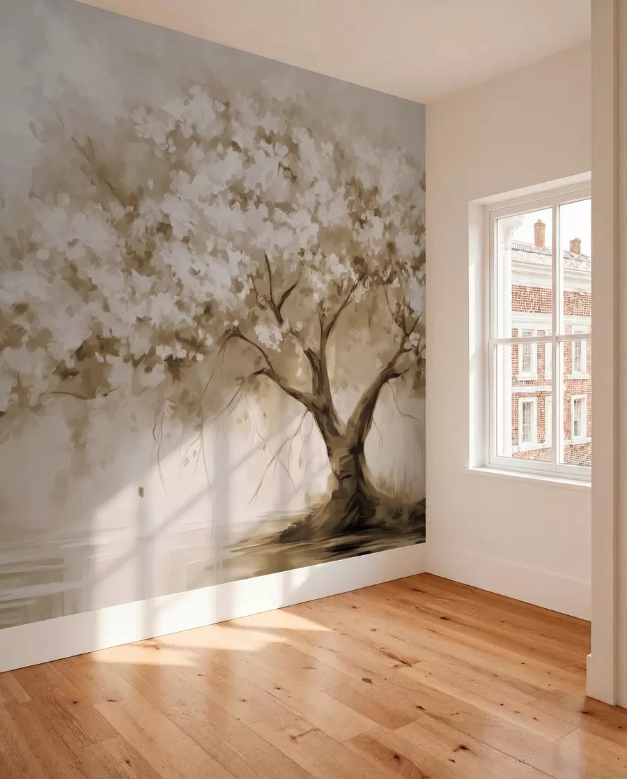 murais de parede Árvore abstrata de flores bege em plena floração, próxima a um rio, com pinceladas de textura suave e cores pastéis w09193v1