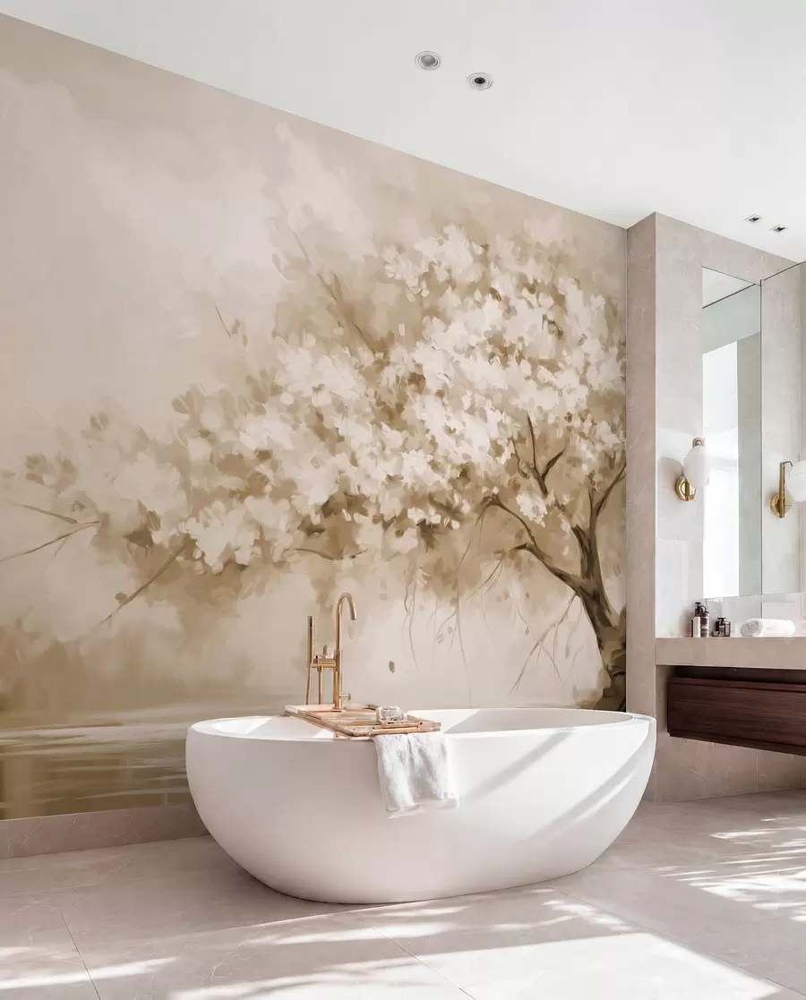 murais de parede Árvore abstrata de flores bege em plena floração, próxima a um rio, com pinceladas de textura suave e cores pastéis w09193v1