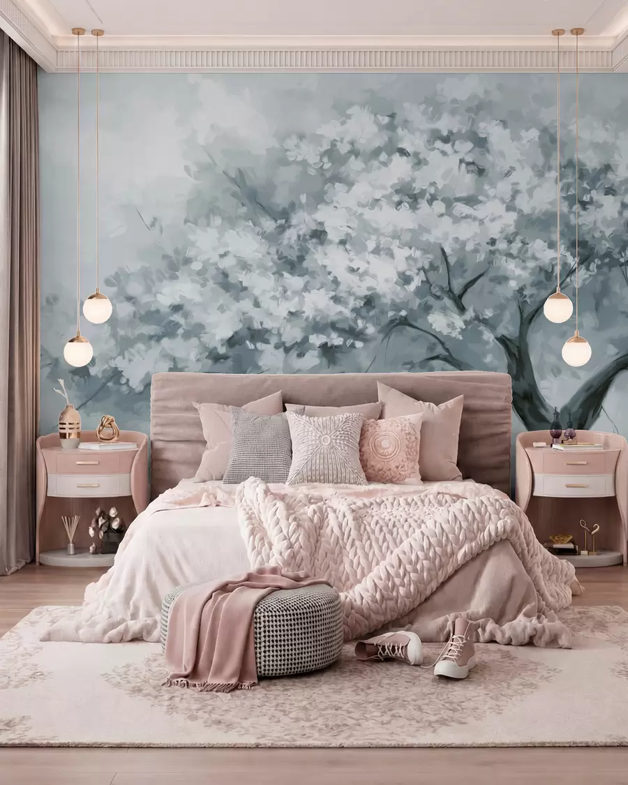 murais de parede Árvore abstrata de flores azuis suaves em plena floração, próxima a um rio, com pinceladas de textura suave e cores pastéis w09193v2