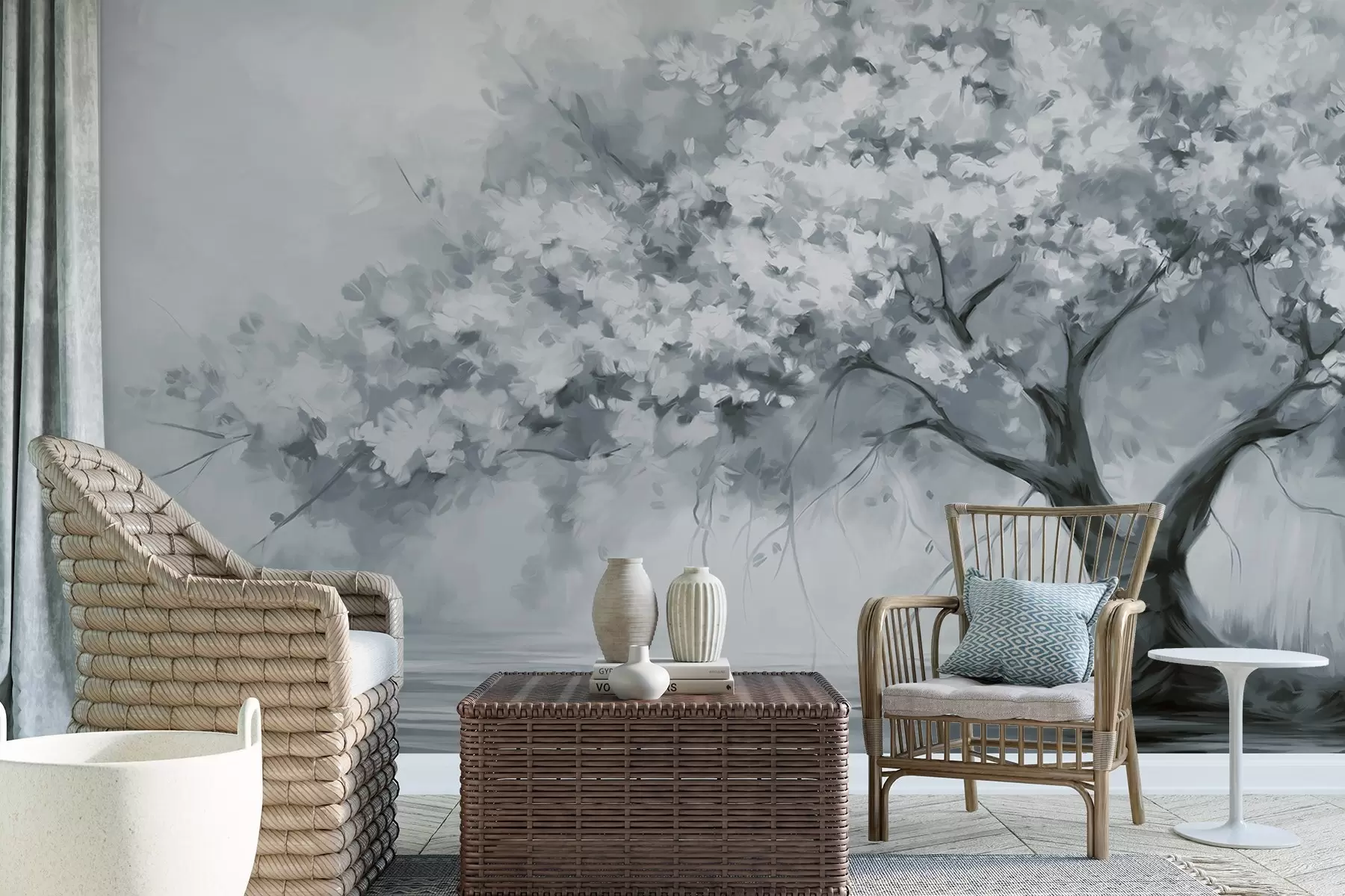 murais de parede Árvore abstrata de flores azuis suaves em plena floração, próxima a um rio, com pinceladas de textura suave e cores pastéis w09193v2