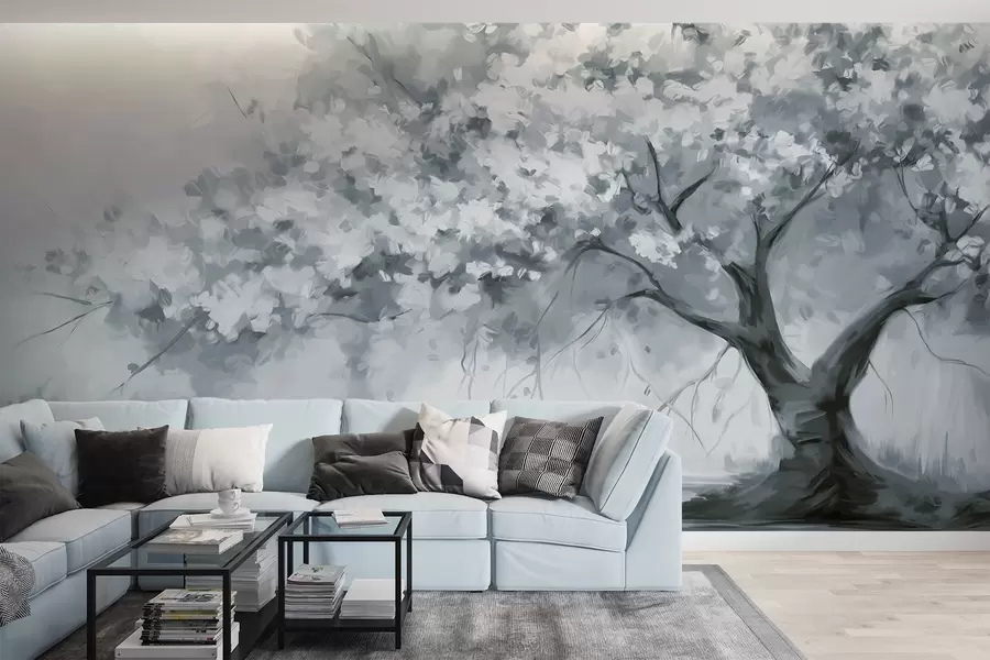murais de parede Árvore abstrata de flores azuis suaves em plena floração, próxima a um rio, com pinceladas de textura suave e cores pastéis w09193v2