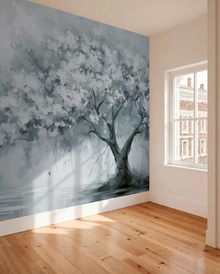 murais de parede Árvore abstrata de flores azuis suaves em plena floração, próxima a um rio, com pinceladas de textura suave e cores pastéis w09193v2