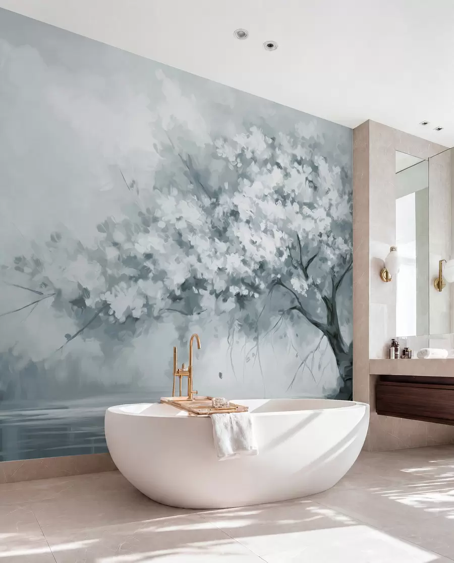 murais de parede Árvore abstrata de flores azuis suaves em plena floração, próxima a um rio, com pinceladas de textura suave e cores pastéis w09193v2