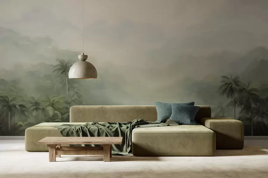 murais de parede Paisagem de Gungle com palmeiras verdejantes e colinas onduladas, cores pastéis suaves, imitação de pintura texturizada w09194