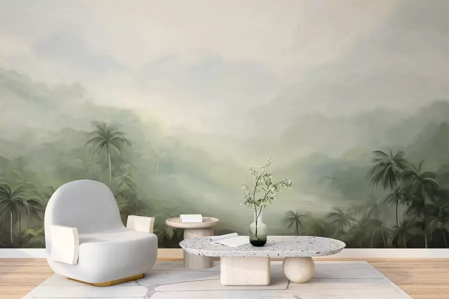 murais de parede Paisagem de Gungle com palmeiras verdejantes e colinas onduladas, cores pastéis suaves, imitação de pintura texturizada w09194