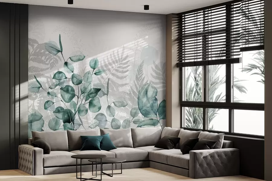 murais de parede Folhas de eucalipto e samambaia em tons de verde e cinza, efeito aquarela, ilustração botânica w09197