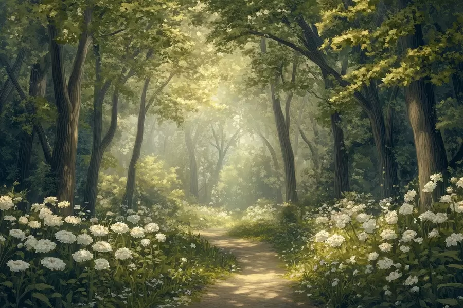 murais de parede Caminho na floresta verde, flores brancas, luz do sol, desenho em estilo acrílico w04119