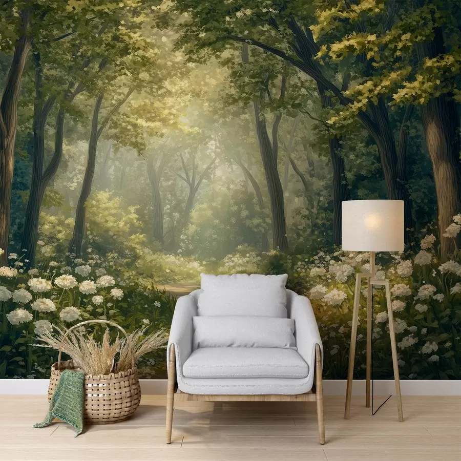 murais de parede Caminho na floresta verde, flores brancas, luz do sol, desenho em estilo acrílico w04119