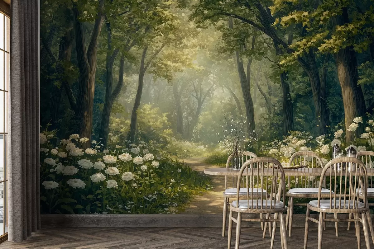 murais de parede Caminho na floresta verde, flores brancas, luz do sol, desenho em estilo acrílico w04119
