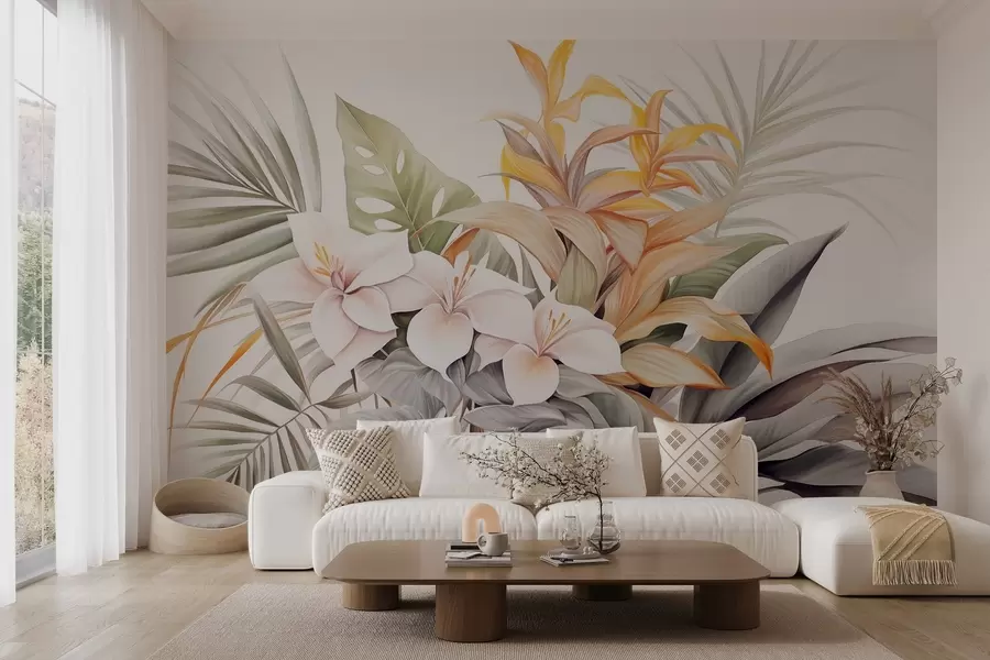 murais de parede Ilustração botânica de flores tropicais com folhas de palmeira e monstera, cores suaves, estilo aquarela w09201