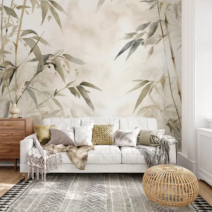 murais de parede Ramos texturizados de bambu com folhas em estilo aquarela, paleta de cores neutras e suaves, fundo bege claro w09204