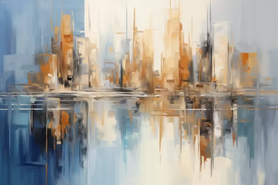 murais de parede Paisagem urbana abstrata texturizada com prédios altos em tons de laranja, azul e branco, refletidos na água w09207