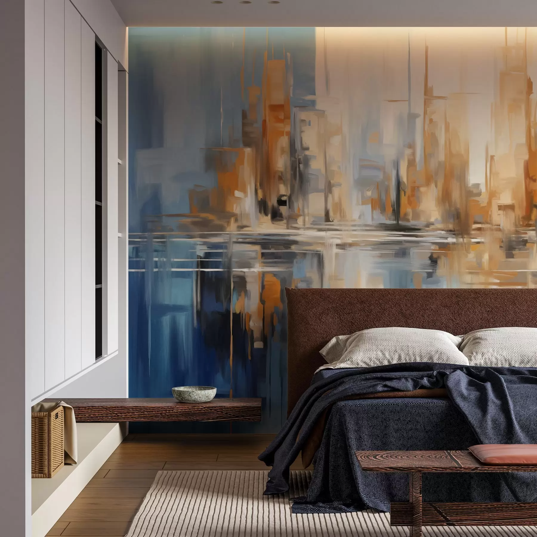 murais de parede Paisagem urbana abstrata texturizada com prédios altos em tons de laranja, azul e branco, refletidos na água w09207
