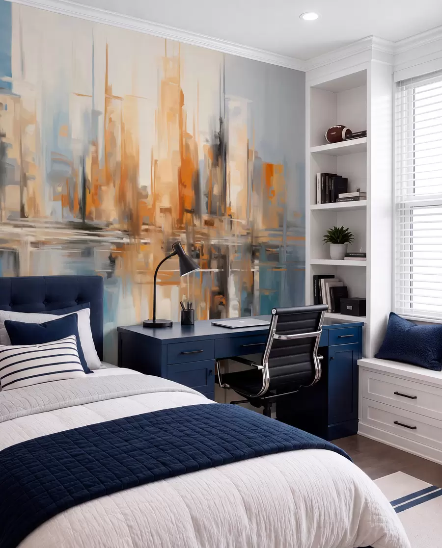 murais de parede Paisagem urbana abstrata texturizada com prédios altos em tons de laranja, azul e branco, refletidos na água w09207