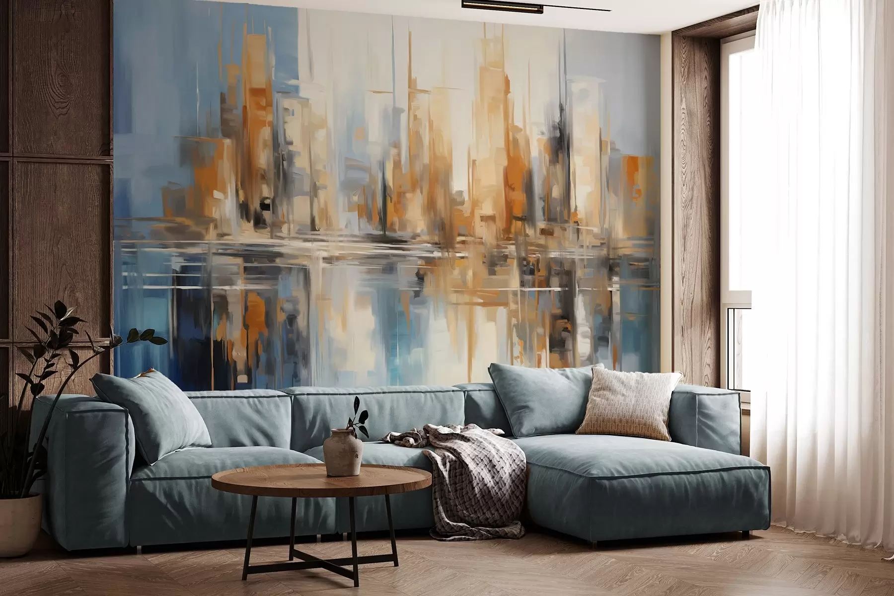 murais de parede Paisagem urbana abstrata texturizada com prédios altos em tons de laranja, azul e branco, refletidos na água w09207