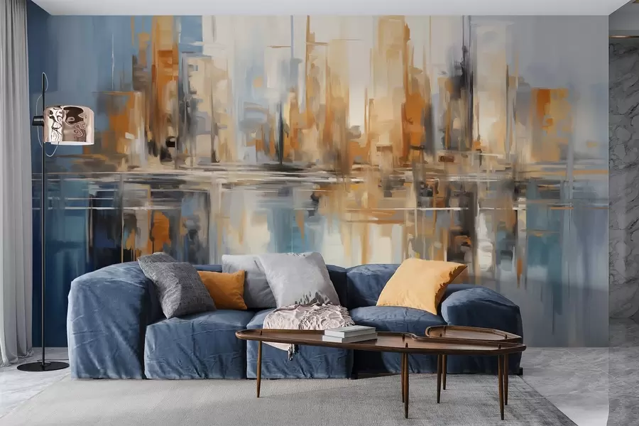 murais de parede Paisagem urbana abstrata texturizada com prédios altos em tons de laranja, azul e branco, refletidos na água w09207