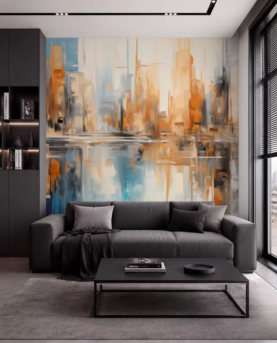 murais de parede Paisagem urbana abstrata texturizada com prédios altos em tons de laranja, azul e branco, refletidos na água w09207