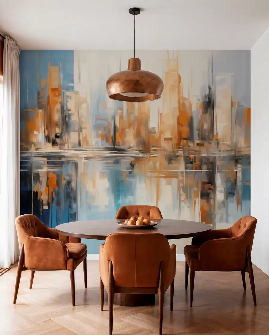 murais de parede Paisagem urbana abstrata texturizada com prédios altos em tons de laranja, azul e branco, refletidos na água w09207