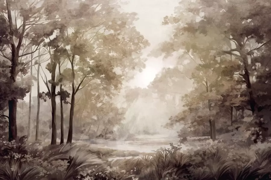 murais de parede Paisagem florestal texturizada, árvores com folhas bege e marrom, paleta de cores pastel w09210