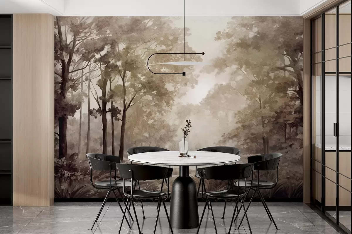 murais de parede Paisagem florestal texturizada, árvores com folhas bege e marrom, paleta de cores pastel w09210