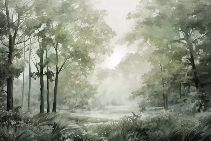 murais de parede Paisagem florestal texturizada, árvores com folhas verdes, paleta de cores pastel w09210v2