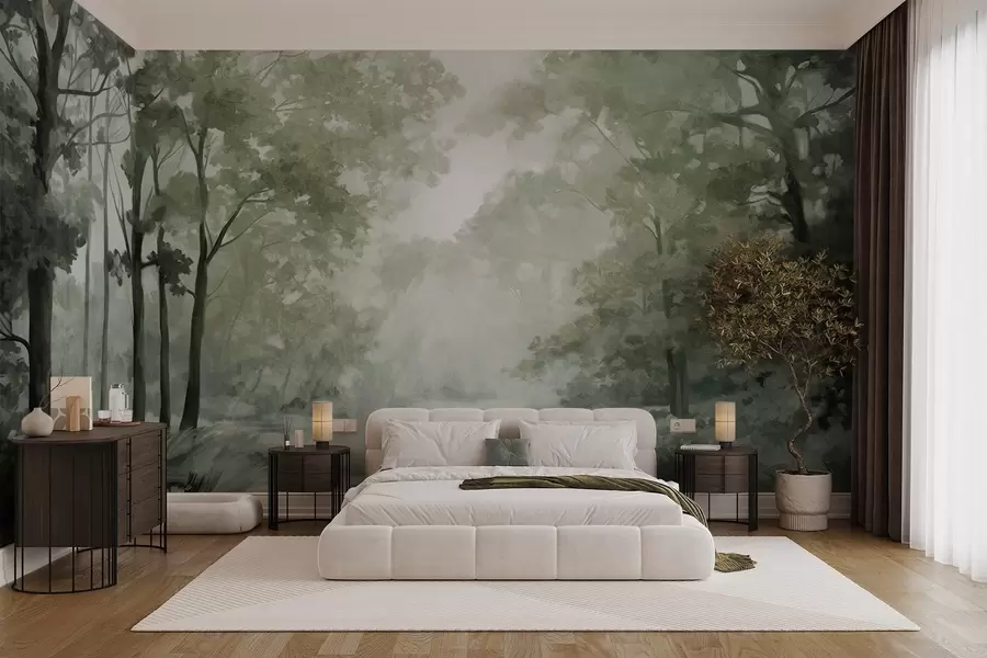 murais de parede Paisagem florestal texturizada, árvores com folhas verdes, paleta de cores pastel w09210v2