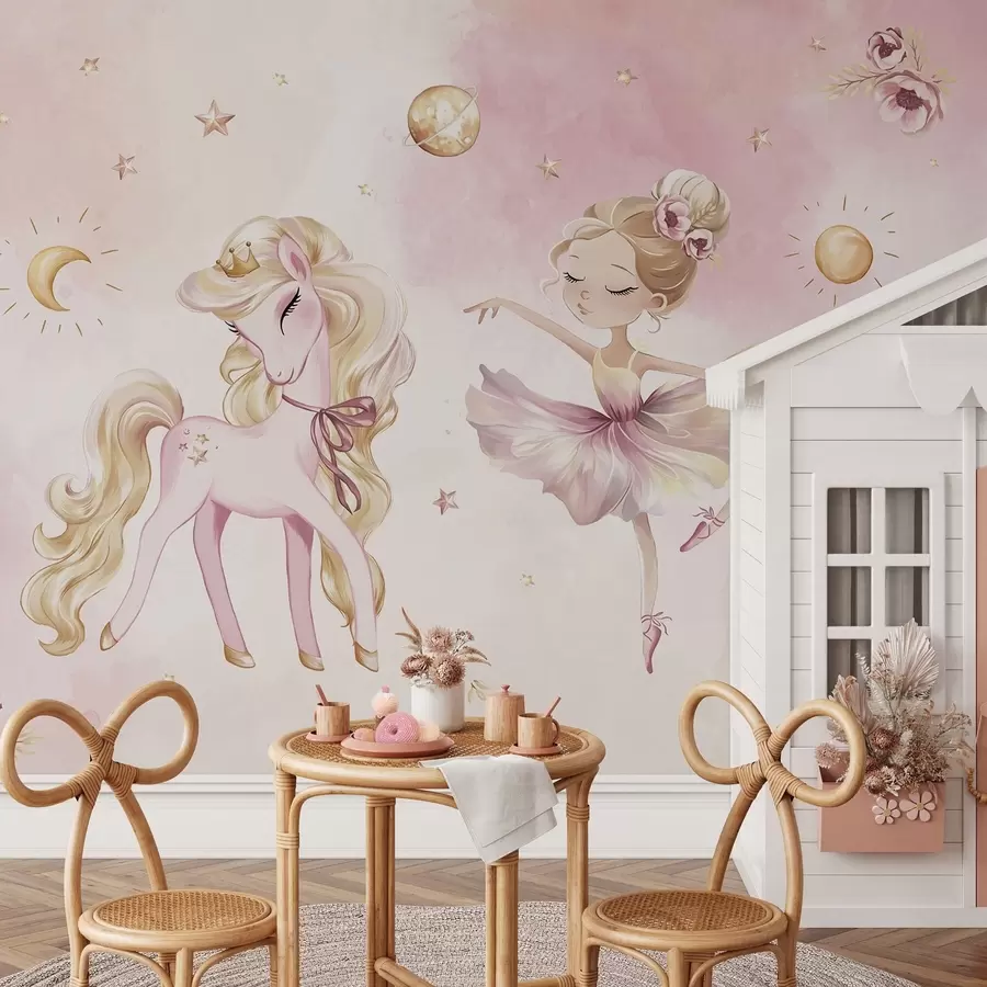 murais de parede Unicórnio e bailarina em um conto de fadas cor-de-rosa, história infantil w04196