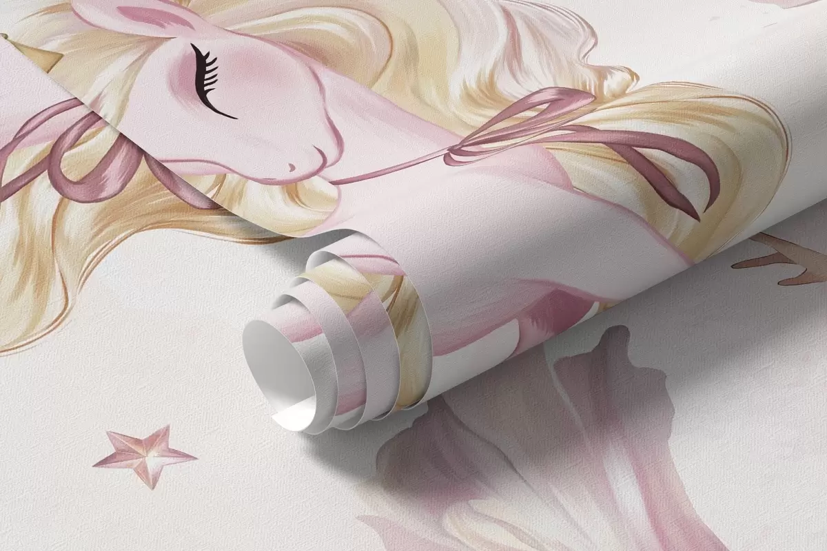 murais de parede Unicórnio e bailarina em um conto de fadas cor-de-rosa, história infantil w04196