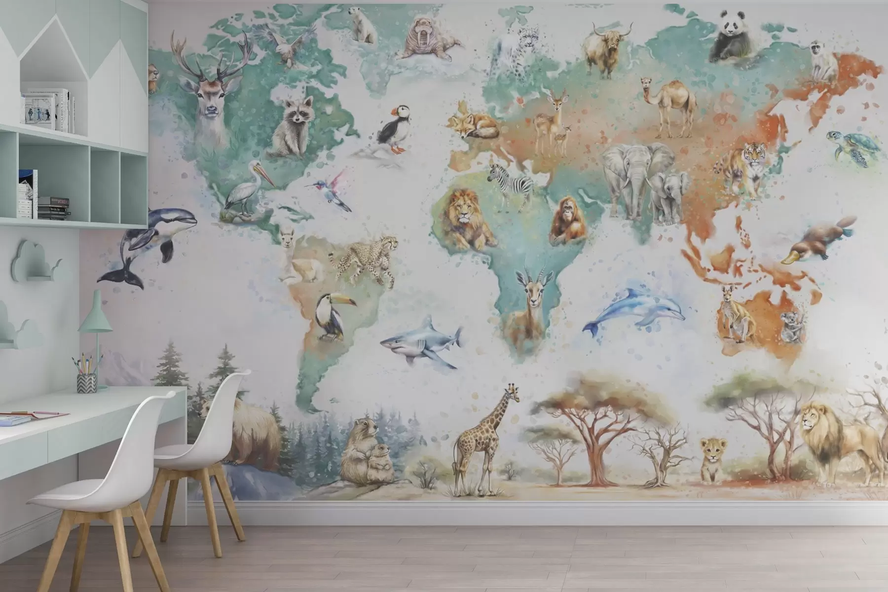 murais de parede Mapa do mundo com animais, estilo de ilustração educacional para crianças w04148