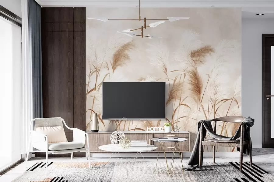 murais de parede A elegante grama dos pampas floresce em tons suaves de bege e leitoso w09150v1