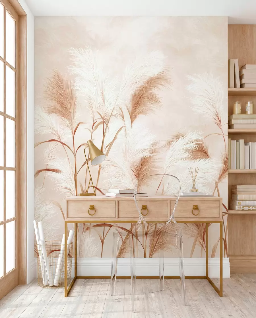murais de parede A elegante grama dos pampas floresce em tons suaves de bege e leitoso w09150v1