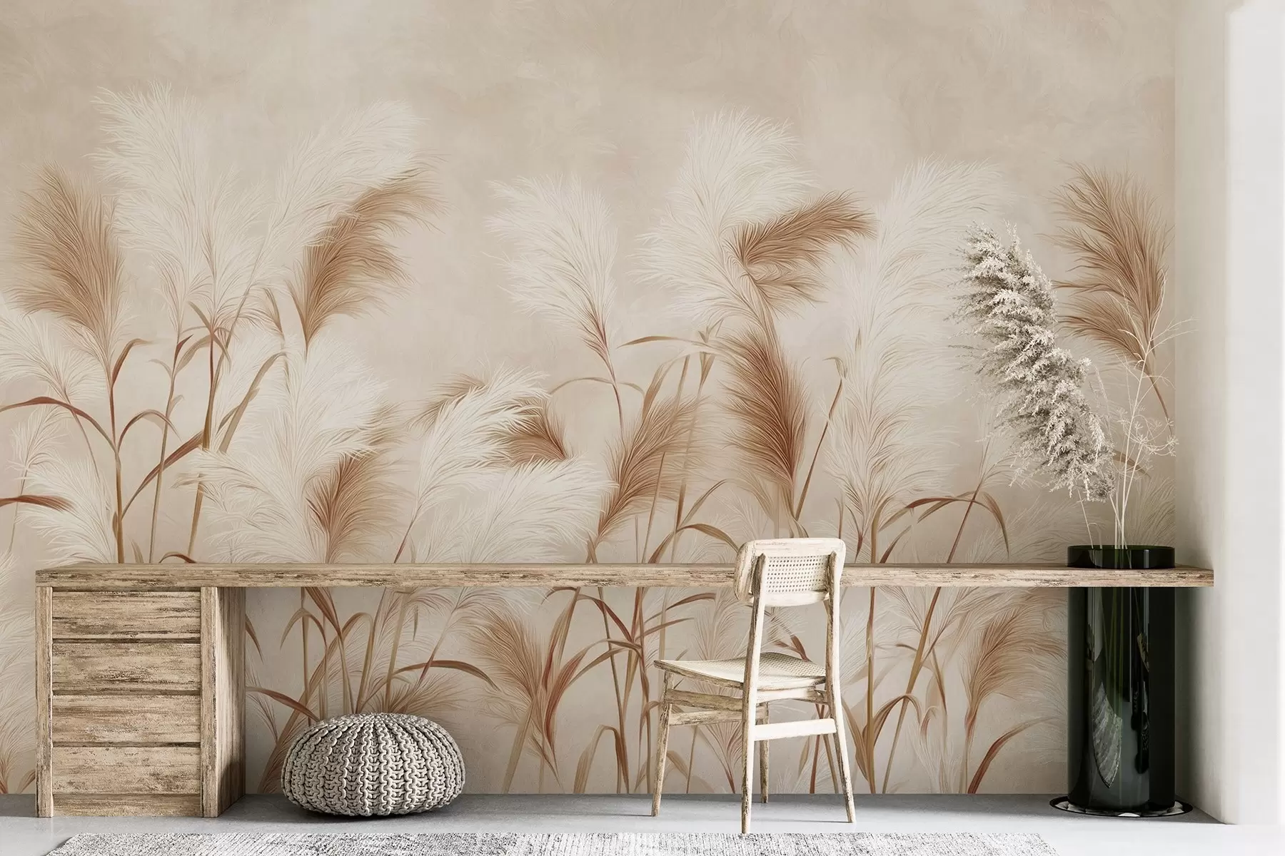 murais de parede A elegante grama dos pampas floresce em tons suaves de bege e leitoso w09150v1