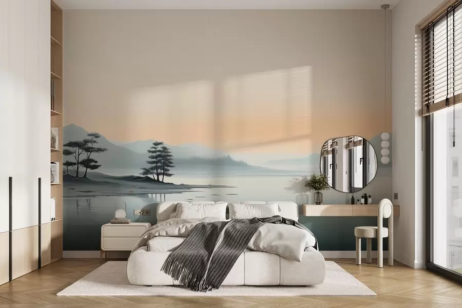 murais de parede Paisagem minimalista com montanhas enevoadas e um lago w09151
