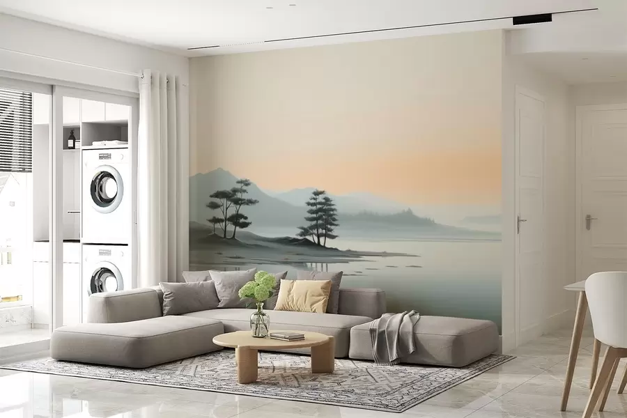 murais de parede Paisagem minimalista com montanhas enevoadas e um lago w09151