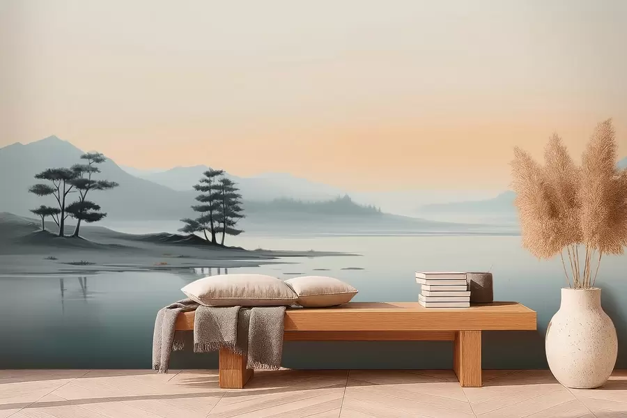 murais de parede Paisagem minimalista com montanhas enevoadas e um lago w09151